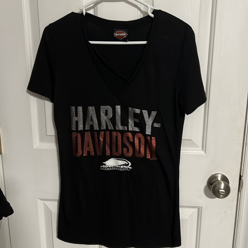 Black women’s Harley Davidson V neck t shirt.